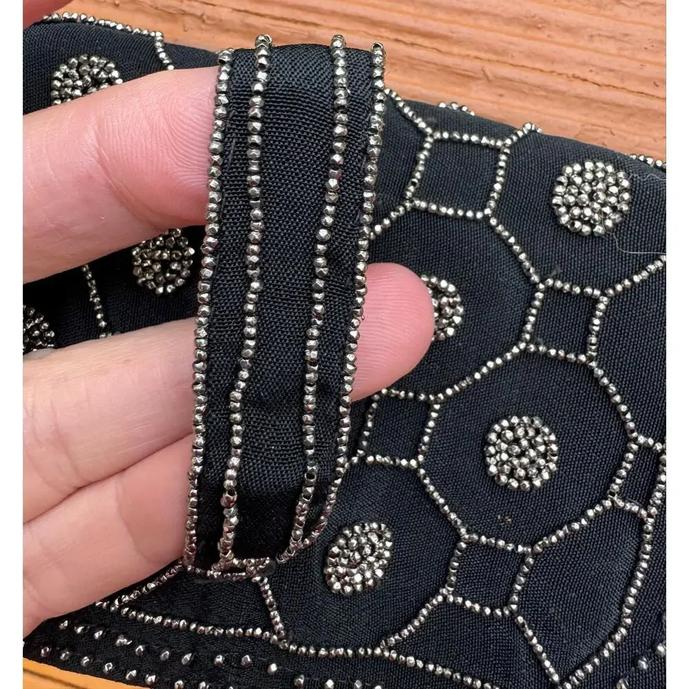 Vintage art deco beaded Black Silver flapper style clutch belt bag handmade 20s